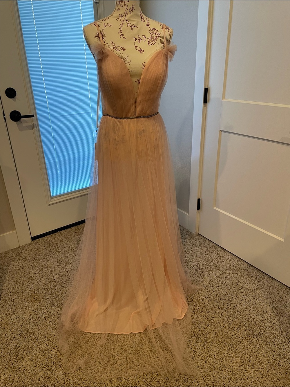 Allure Bridals light pink Tulle V-Neck Prom Gown. Has small rip. See photos.